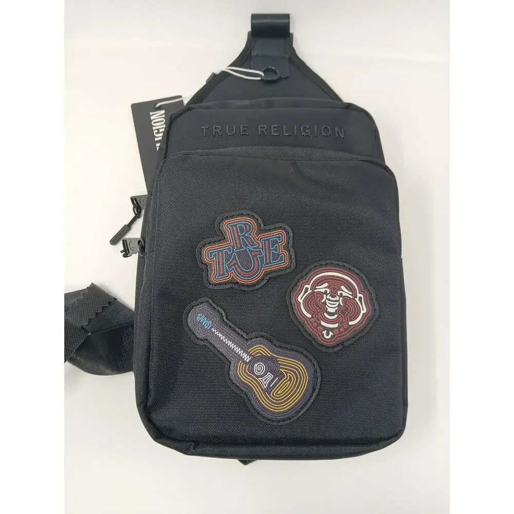 True Religion Black Crossbody Bag Men Zip Outer Pockets Guitar Character